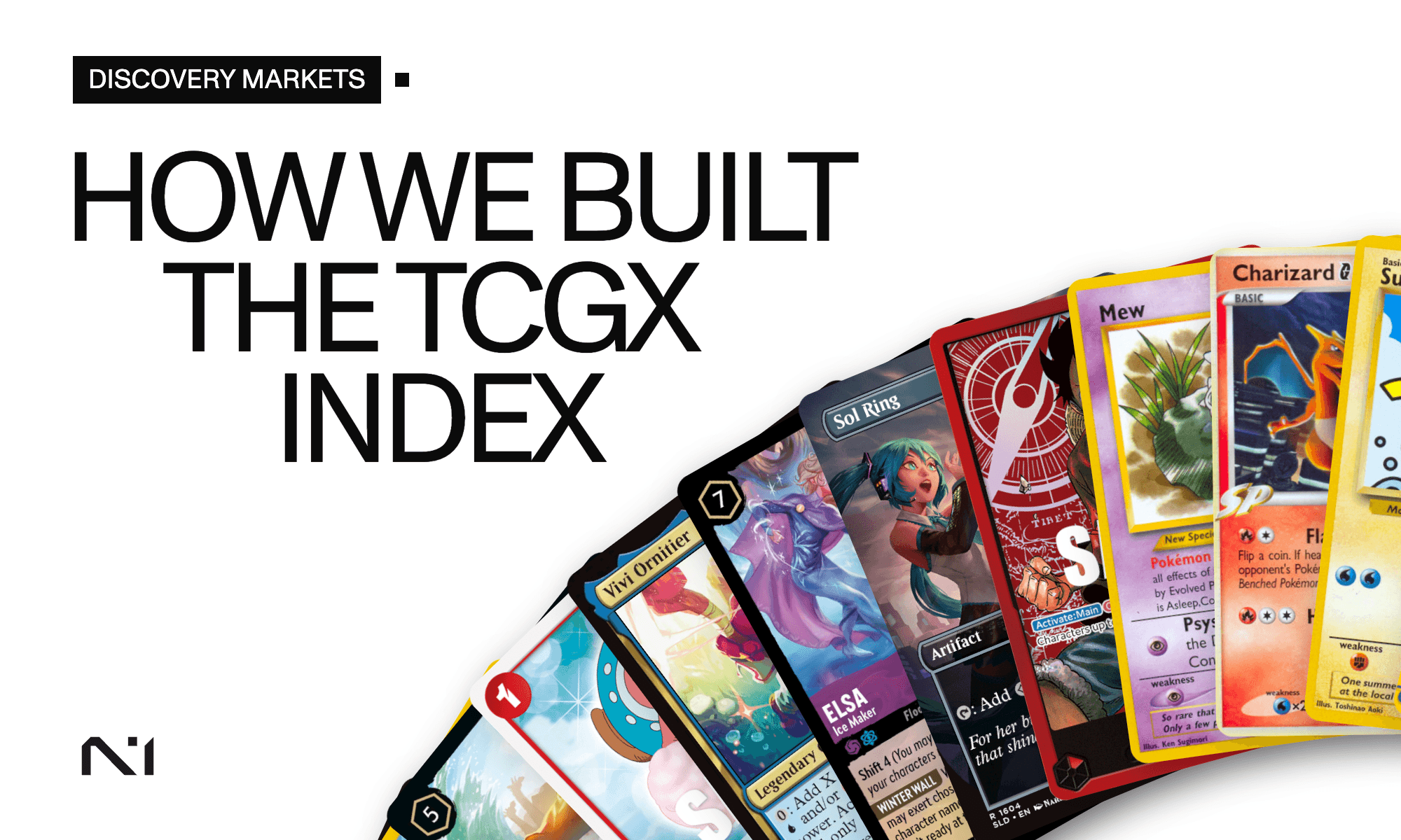How we built the TCGX index. A fanned hand of trading cards running off the edge of the frame, including Charizard G, Surfing Pikachu, Mew, Monkey D. Luffy, Sol Ring, Elsa, Vivi Ornitier and Tony Tony Chopper.